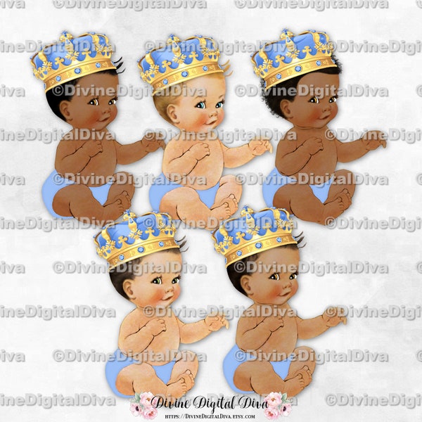 Little Prince Light Blue Gold Ornate Crown | Sitting Baby Boy 3 Skin Tones | Clipart Instant Download