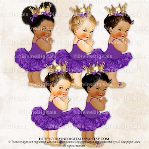 Princess Ballerina Purple Tutu Gold Crown Shoes | Baby Girl 3 Skin Tones Puffs | Clipart Instant Download