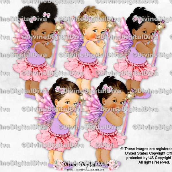 Princess Fairy Pink Lavender Wings Wand | Baby Girl 3 Skin Tones  | Clipart Instant Download