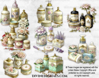 Watercolor Antique Toiletries with Flowers Soap Lotion Bottles Jars Scrapbooking Journaling Collage | Digital Images Instant Download