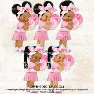 Tênis de uniforme rosa com pompons e laço grande para líder de torcida | Tranças coloridas para bebês meninas | Clipart para chá de revelação de gênero para download instantâneo