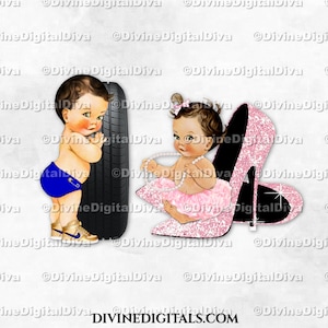 Zapatillas deportivas de color azul real y dorado con ruedas o tacones rosas / Bebé niño niña tono claro / Revelación de género de gemelos / Descarga instantánea de imágenes prediseñadas