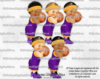 Principito Baloncesto Púrpura & Oro Shorts Jersey Zapatillas Negras / Bebé Niño 3 Tonos de Piel / Clipart Descarga Instantánea