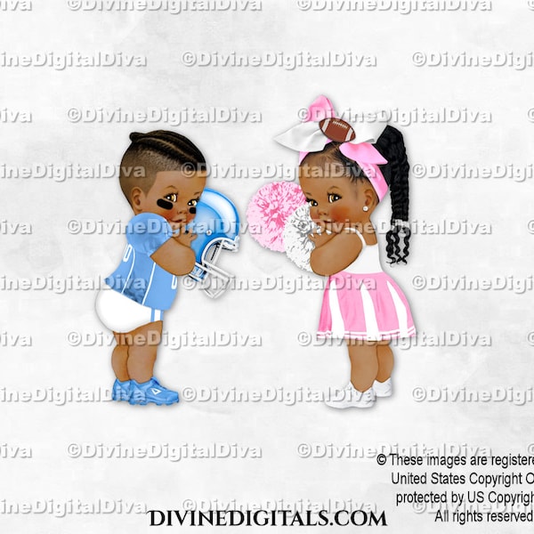 Football Player & Cheerleader Pink Light Blue Bow | Dark Tone Baby Boy Girl Braids | Gender Reveal Twins | Clipart Instant Download