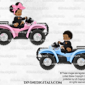 Little Prince & Princess Riding 4 roues VTT bleu rose avec noeud | Cheveux bouclés bébé garçon fille assis foncé | Clipart à téléchargement immédiat