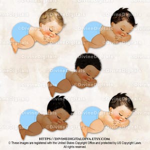 Lichtblauwe luierbroek slapende babyjongen | 3 huidtinten | Clipart direct downloaden