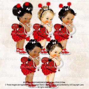 Coccinella rossa nera con pois e volant sui pantaloni, scarpe da ginnastica, ali, antenne, perle bianche / Bambina 3 tonalità di pelle / Clipart download immediato