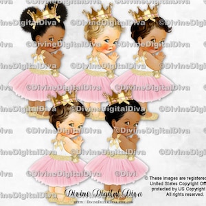 Prinses Blush roze tule feestjurk gouden kroon accenten schoen lint enkelband | Huidskleur babymeisje 3 | Clipart direct downloaden