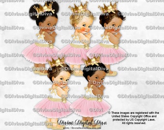 Princess Blush Pink Tulle Party Dress Gold Crown Accents Ankle Ribbon Shoe | Baby Girl 3 Skin Tone | Clipart Instant Download