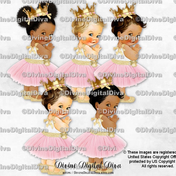 Princess Blush Pink Tulle Party Dress Gold Crown Accents Ankle Ribbon Shoe | Baby Girl 3 Skin Tone | Clipart Instant Download