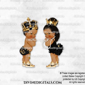 Royal Prince & Princess Black Gold Crown-sneakers | Donkere toon babyjongensmeisje | Gender Reveal-tweeling | Clipart direct downloaden