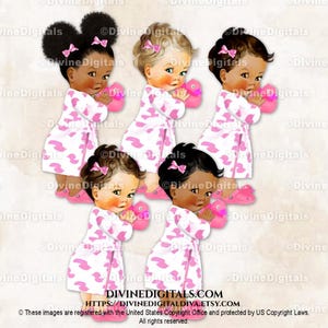 Paperella di gomma per il bagnetto, accappatoio, anatra rosa / Bambina 3 tonalità di pelle / Clipart download immediato