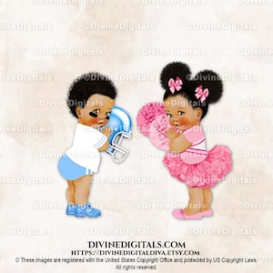 Pompon tutù blu rosa con giocatore di football e cheerleader / Puff medi per neonati maschi e femmine / Gemelli rivelazione del sesso / Clipart download immediato