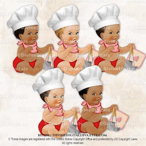 Liten kock röd vit hatt grytlapp rutig halsduk sittande baby pojke Clipart