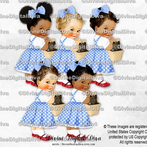 Zauberer von Oz Dorothy Blau Weiß Gingham Kleid Ruby Hausschuhe Korb Toto | Baby Mädchen 3 Hauttöne | Clipart Sofort Download