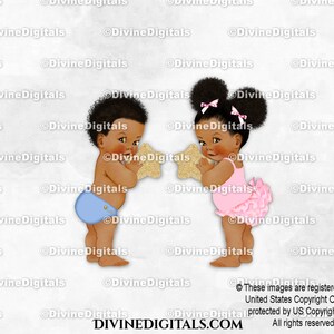Twinkle Star lichtblauw roze goud op blote voeten | Donkere toon soezen babyjongen meisje Afro-Amerikaans | Gender Reveal-tweeling | Clipart direct downloaden
