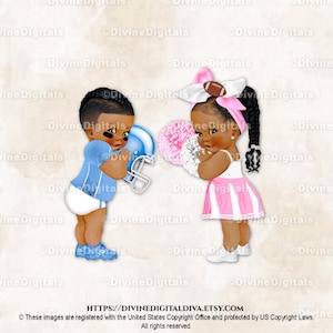 Jugador de fútbol y animadora con lazo rosa y azul claro / Trenzas de bebé niño niña en tono oscuro / Revelación de género de gemelos / Clipart de descarga instantánea