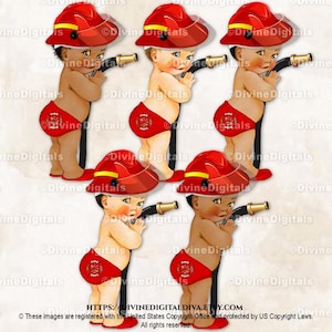 Little Prince Firefighter Fireman Hat Shield Hose Red Gold Black | Baby Boy 3 Skin Tones | Clipart  Instant Download