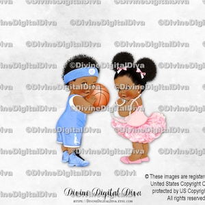 Tutú de bailarina de baloncesto con perlas azules y rosas / Bebé niño niña afroamericano en tonos oscuros / Revelación de género de gemelos / Clipart de descarga instantánea