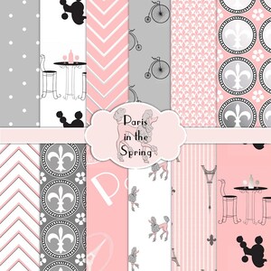 Pack papier numérique Paris au printemps | Tour Eiffel Caniche Fleur di Lis Cafe Vélo | Rose Gris Argenté | Téléchargement instantané
