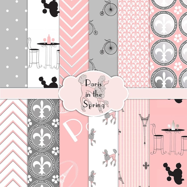 Paris in the Spring Digital Paper Pack | Eiffel Tower Poodle Fleur di Lis Cafe Bicycle | Pink Grey Silver | Instant Download