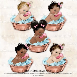 Dziewczynka w staromodnej antycznej miedzianej wannie do kąpieli | Dziewczynka w 3 odcieniach skóry | Clipart do natychmiastowego pobrania