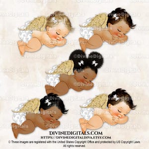Pantalon à couches blanc Sleeping Angel, ailes d'or et halo | 3 tons de peau de bébé fille | Clipart à téléchargement immédiat