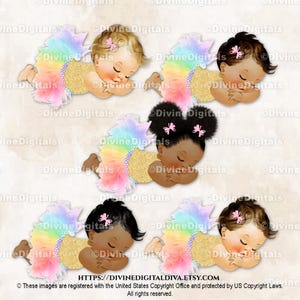 Pastel Rainbow Tutu Gold Shirt Gem Belt | Sleeping Baby Girl 3 Skin Tones | Clipart Instant Download