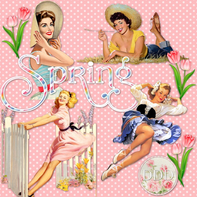 12 Spring Vintage Pinup Girls Ladies Gardening Flowers Yard Etsy