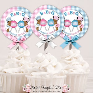 Delantal con gorro a cuadros rosa y azul de Little Chefs BBQ BabyQ para revelar el género de los cupcakes, círculos / Niña, niño, bebé, tono oscuro / Clipart de descarga instantánea