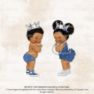 Denim Diamonds & Silver Crown Sneakers | Baby Boy Girl Dark Tone Puffs | Gender Reveal Twins | Clipart Instant Download