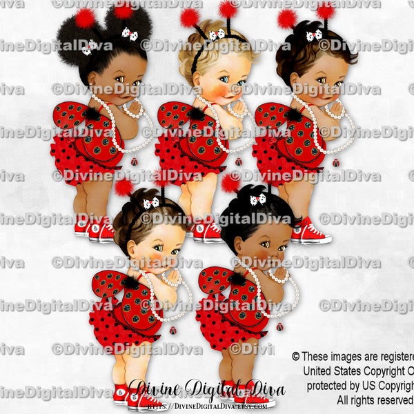 Ladybug Red Black Dots Ruffle Pants Sneakers Wings Antennae White Pearls | Baby Girl 3 Skin Tones | Clipart Instant Download