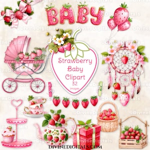 Images clipart bébé thème fraise, fête des fraises, baby shower aux fraises, anniversaire aux fraises, tea party téléchargement immédiat