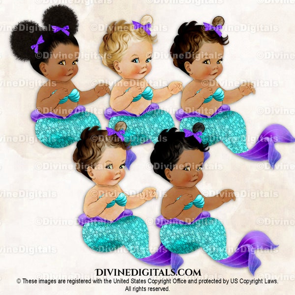 Mermaid Turquoise & Purple Tail Fin Purple Clamshell Top | Sitting Baby Girl 3 Skin Tones | Clipart Instant Download