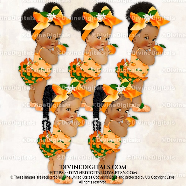 Little Cutie Orange Green Big Bow Rhinestone Shoes Tangerine | Baby Girl Babies of Color African American Ethnic | Clipart Instant Download