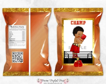 Printable Chip Bags Boxer Red Gold Champ Boxing Ring Gloves | Baby Boy Dark Tone Ethnic African American | Digital Instant Download