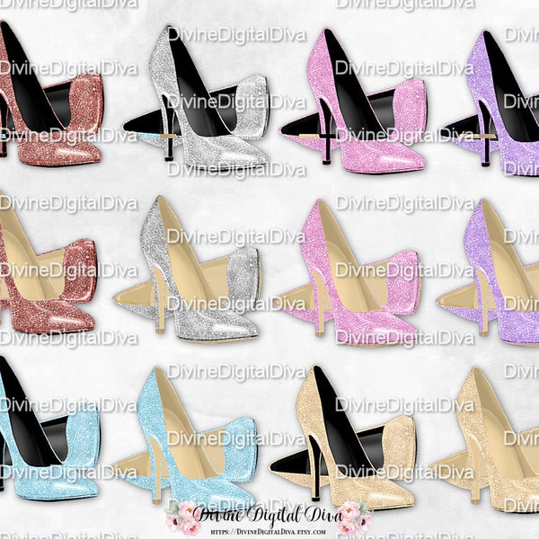 Pastel Tones Glitter High Heel Stiletto Shoes | Silver Rose Gold Aqua Pink Lavender Champagne | Clipart | Instant Download