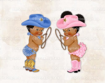 Cowboy Cowgirl Blauwe Roze Laarzen Hoed Donkere Huidskleur Jongen Meisje Clipart