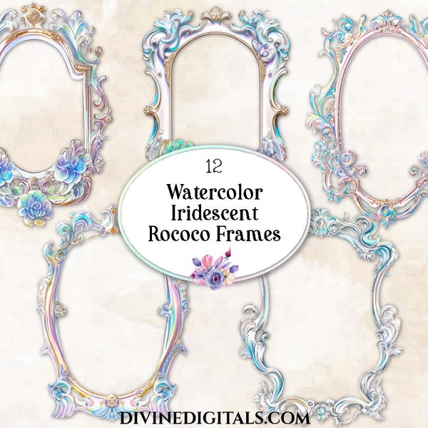 12 Watercolor Iridescent Antique Vintage Rococo Frames Scrapbooking Journals Invitations Signs | Printable Clipart Digital Instant Download