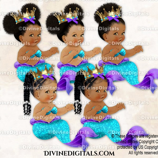 Mermaid Turquoise & Purple Tail Fin Clamshell Top Gold Crown | Sitting Baby Girl Babies of Color Puffs Braids | Clipart Instant Download