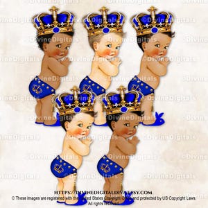 Kleine prins koningsblauwe riem met studs kwastje sierlijke gouden parel fleurige kroon konijn pantoffel | Babyjongen 3 huidskleuren | Clipart direct downloaden