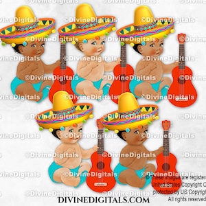 Mexican Fiesta Sombrero Guitar Maracas Yellow Red Turquoise Green Orange | Sitting Baby Boy 3 Skin Tones | Clipart Instant Download