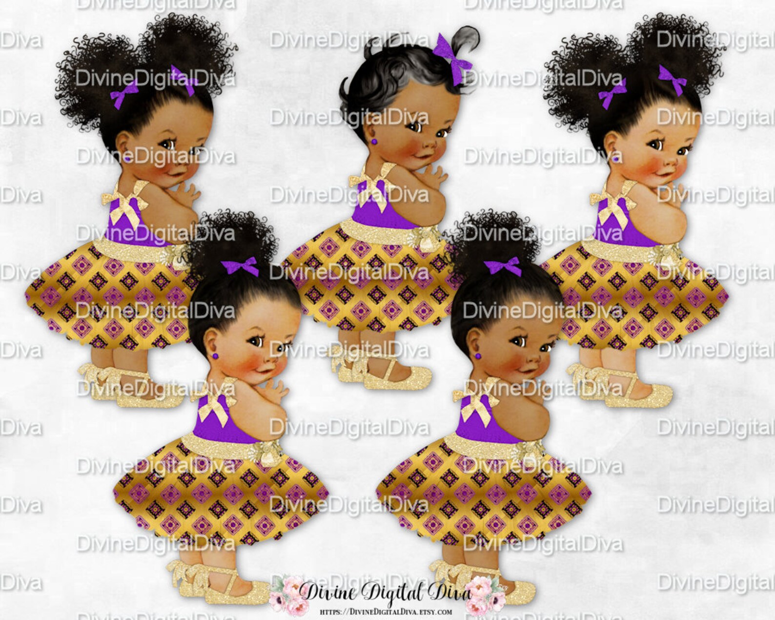 african princess purple black & gold african kente print party dress ballet shoe | african american skin tone | clipart instant