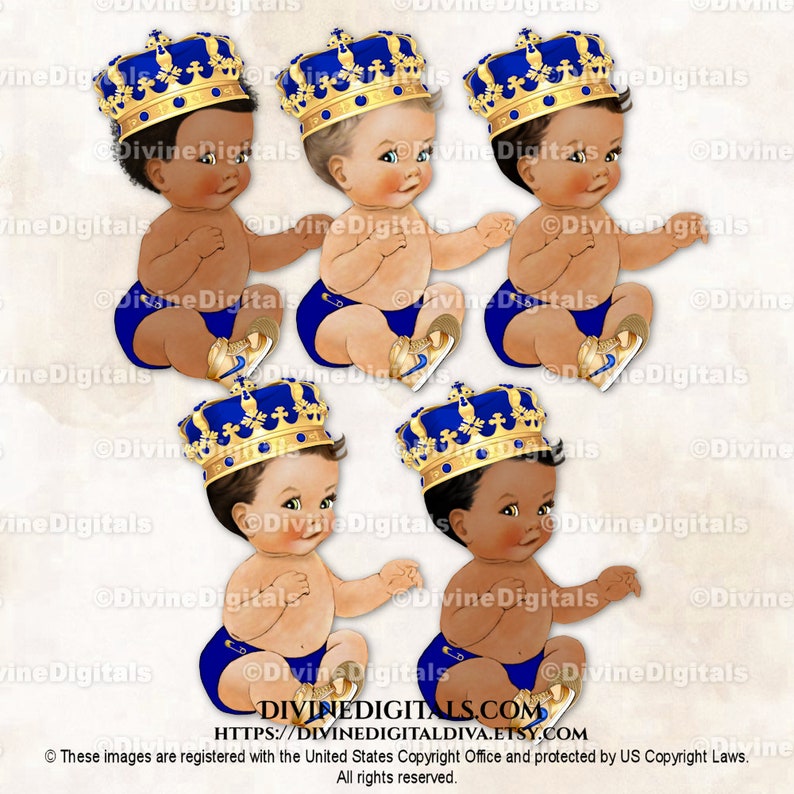 K&ouml;nnte beinhalten: Vier digitale Illustrationen von Babys, die blaue und goldene Kronen tragen. Die Babys sitzen oder stehen und haben unterschiedliche Hautt&ouml;ne.