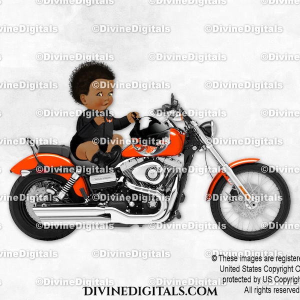 Little Prince Riding on a Motorcycle Biker Black Jacket Boots Helmet Orange | Sitting Baby Boy Dark Tone | Clipart Instant Download