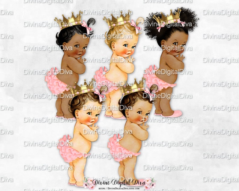 Clipart Instant Download Baby Girl 3 Skin Tones Puffs Princess Ruffle Pants Blush Pink Peach Gold Crown