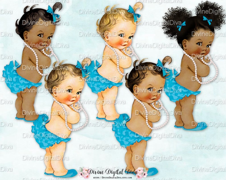 Princess Ruffle Pants Teal Turquoise Pearls Clipart Instant Download Baby Girl 3 Skin Tones