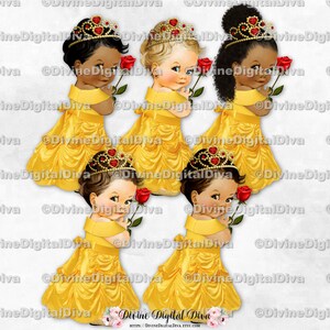 Princess Yellow Gown Red Rose Gold Tiara | Baby Girl 3 Skin Tones | Clipart Instant Download