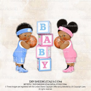 Basketball Players Baby Blocks Blue Pink Headband Sneakers | Boy Girl Dark Tone African American | Gender Reveal Twins | Instant Download