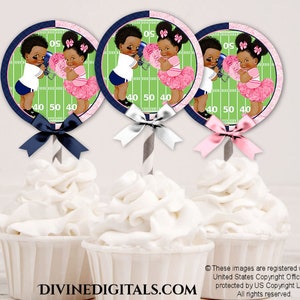 Topo de cupcake Touchdowns Tutus rosa azul-marinho Bailarina de futebol | Menino e menina em tom escuro | Revelação do sexo do bebê | Download digital instantâneo